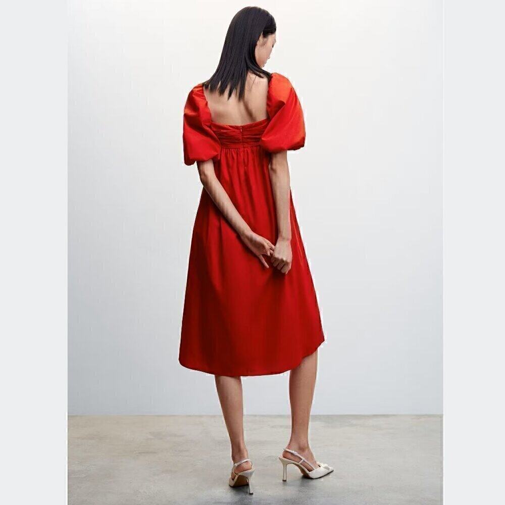 Mango Red Poplin Midi Dress NWT Off Shoulder Puff Sleeve Cotton Size 6 - Picture 13 of 16